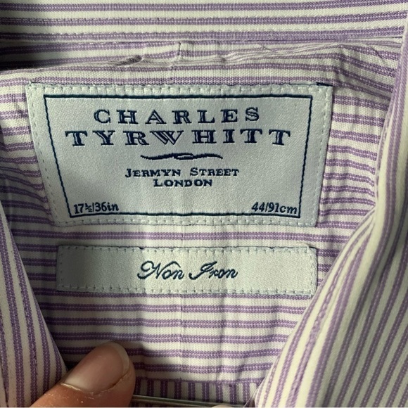 Charles Tyrwhitt Jermyn Street Purple Pinstripe Button Down Shirt w/ French Cuff - Picture 3 of 4